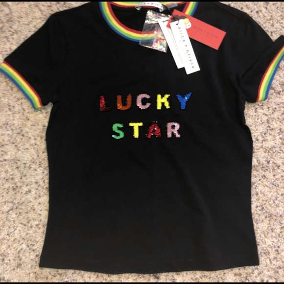 Alice + Olivia Rainbow Sequined LUCKY STAR T-Shirt - XS - NWT - Black/Multi - Picture 7 of 9